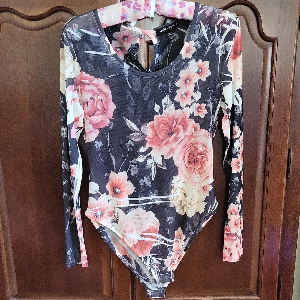 NWOT Mesh Floral Long Sleeve Bodysuit